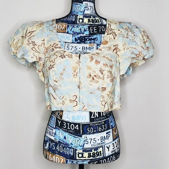 ULLA JOHNSON Kalena Floral Poplin Crop Top Puff Sleeve Front Zip Gardenia Sz 10 - Picture 3 of 15